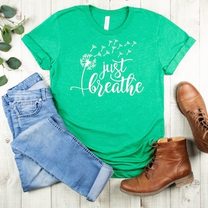 Just Breathe T-Shirt – Women’s Short Sleeve Graphic Tee With Butterflies & Dandelion Design, Positive Message Top