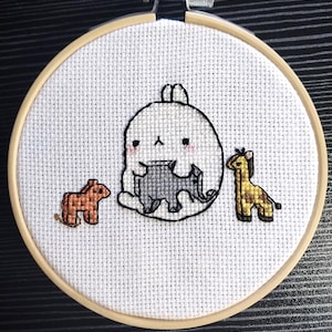 Molang Bunny Cross Stitch Hoop Art: Playtime with Toy Animals