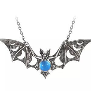 Moon Phase Bat Necklace Blue Moon Silver Gothic Jewelry Lunar Unique Halloween