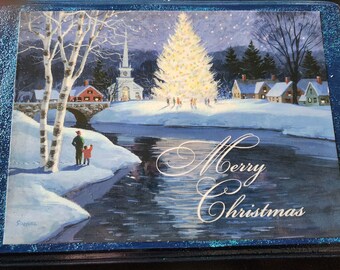 Handmade Merry Christmas Wooden Wall Plaque 9.5x6.5 Winter Scenery Blue Glitter