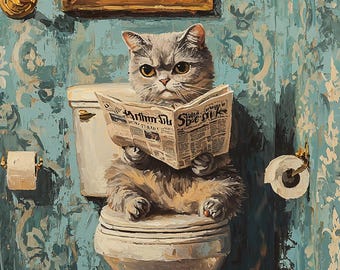 Puede incluir: Pintura de un gato gris sentado en un inodoro, leyendo un periódico. El gato es el punto focal, con una expresión seria. El fondo presenta un papel pintado azul con motivos, una pintura floral enmarcada y una lámpara de pared dorada.