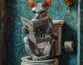 Puede incluir: Ilustración caprichosa de un gato sin pelo sentado en un inodoro, absorto en la lectura de un periódico. El gato tiene ojos azules y está situado contra una pared turquesa estampada. Una vela encendida en un aplique añade un brillo cálido a la escena.