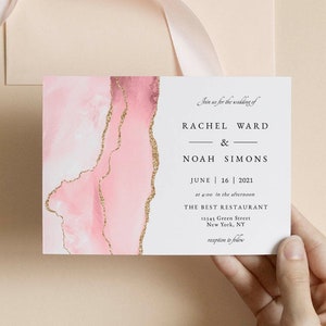 Blush and Gold Wedding Invitation Set, Wedding Invitation Template, Wedding Invitation Suite, Watercolor Blush Marble, Instant Download