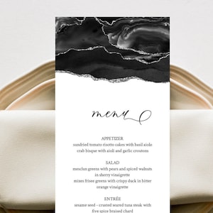 Menu Template Black and Silver, Black Wedding Menu Table Card, Dinner Menu, Party Menu, Bridal Shower Menu, Birthday Menu, Black Agate