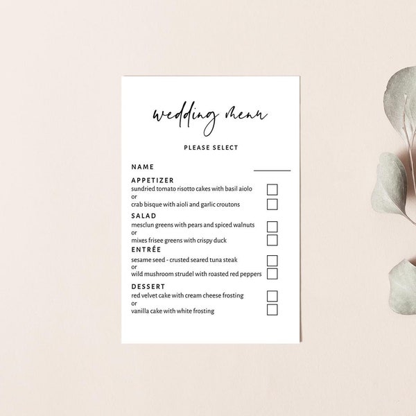 Wedding Menu Selection Card, Menu Choice Card, Wedding Menu Card Printable, Wedding Menu Option, 100% Editable Text, Instant Download