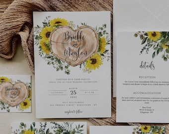 Rustic Wedding Invitation Sunflower, Wood slice Invite, Wedding Invitation Barn, Invitation Suite, Sunflower Wedding Invite Eucalyptus