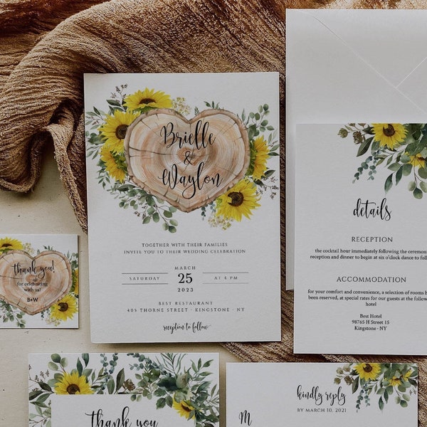 Rustic Wedding Invitation Sunflower, Wood slice Invite, Wedding Invitation Barn, Invitation Suite, Sunflower Wedding Invite Eucalyptus