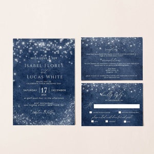 Winter Wedding Invitation Set, Wedding Invitation with Snowflakes, Blue Wedding Invitation Suite, Editable Template with Templett, Printable