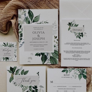 OLIVIA - Invitación de boda con vegetación, conjunto de invitaciones de boda, invitación de boda rústica y botánica, plantilla editable, descarga digital imagen 1