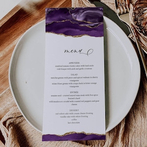 Wedding Menu Card Purple and Gold Template: Personalized All Text, Digital Printable Download