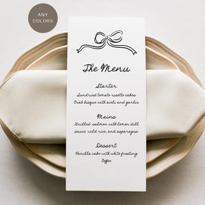 Whimsical Wedding Menu, Hand drawn Menu, Handwritten Menu, Elegant Menu, Menu with Bow, Party Menu Card, Dinner Menu Card Editable Any Color