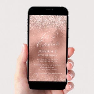18th Birthday Invitation Template, Editable all text, Rose Gold Glitter Birthday Invite, Digital Birthday Invitation, Invitation for girl