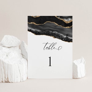 Wedding Table Numbers Template, Printable Wedding Table Number, Black and Gold Table Numbers Template, Instant Download, Editable Text