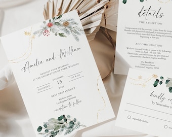 May include: A set of three wedding invitation cards with a winter theme. The cards feature a watercolour illustration of greenery, berries, and gold stars. The text on the cards reads "Amelia and William", "details", and "kindly reply".