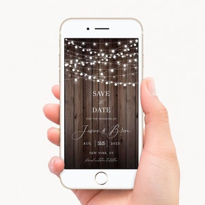 Rustikale Save the Date Vorlage, digitale Einladung für elektronisches Telefon, Save the Date Invite, Wood String Lights, bearbeitbar mit Templett
