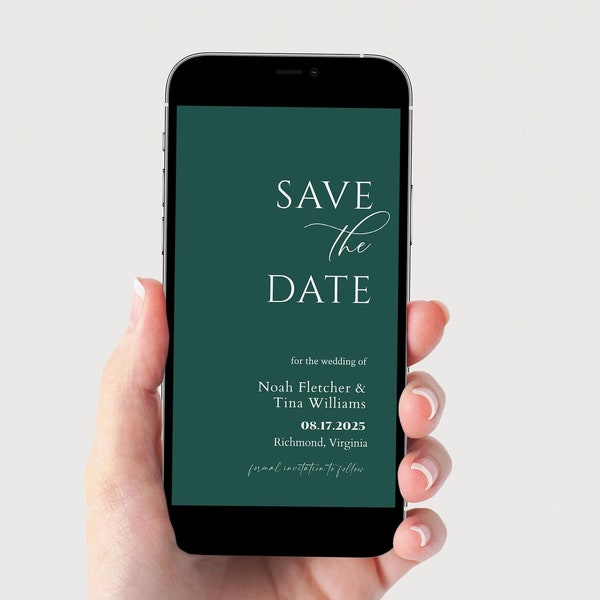 Save the Date Emerald Green, Save the Date Digital Invitation, Save the Date by Texting, Modern Minimalist Green Save the Date Invite