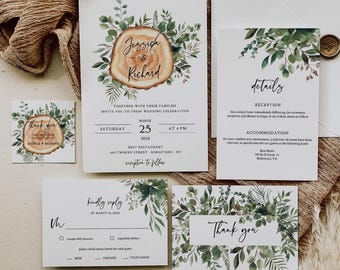 Rustic Wedding Invitation Suite with RSVP, Greenery Boho Barn Invite, Personalized Templates