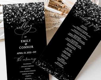 Black and Silver Programs, Ceremony Program Template, Wedding Program Template Black, Custom Program, Editable Text, Digital Download