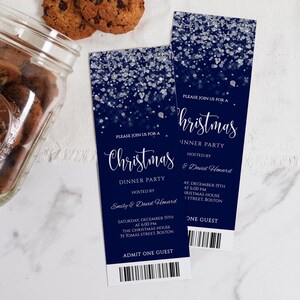 May include: A blue and silver glitter Christmas party invitation with the text "Please join us for a Christmas Dinner Party" and "Please join us for a Christmas Inner Party". The invitation includes the date, time, location, and hosts' names.