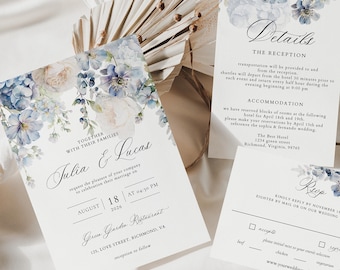 AJ - Dusty Blue Wedding Invitation, Blue Flower Wedding Invitation Set, Boho Wedding Invite, Dusty Blue Flowers Wedding Invitation Suite
