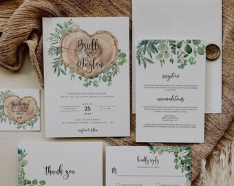 Rustic Woodland Wedding Invitation Set Template, Country Barn Wedding Invitation, Greenery Wedding Invitation with RSVP, Instant Download