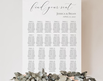 Vertical Minimalist Wedding Seating Chart Sign for 22 Table, Editable Template