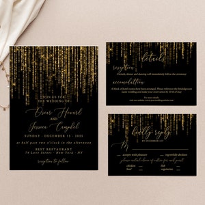 Wedding Invitation Black and Gold, Wedding Invitation Suite, Wedding Invitation Winter, New Year Wedding Invitation, Editable Text image 1