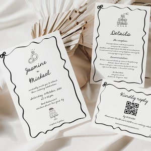 May include: Wedding invitation with a black and white design. The invitation features a simple illustration of two rings and a wedding cake. The text reads "Jasmine & Michael cordially invite you to attend their wedding celebration Saturday, 10 October, 2025 at 4:00 pm Beet Restaurant 1008 Have Street New York, NY reception to follow"