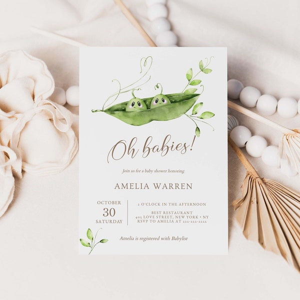 Two Peas in a Pod Baby Shower Invitation, Twin Baby Shower Invitation, Sweet Baby Shower, Printable Invitation, Editable, Digital Download