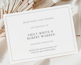 Plantilla de tarjeta de boda cancelada, tarjeta de boda cancelada, anuncio de boda cancelada, simple, imprimible, editable, descarga instantánea