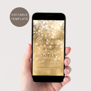 Spanish Birthday Invitation, Golden Birthday Invite, Surprise Birthday Invites, Women Birthday Invitation, Mobile Invitation, Electronic