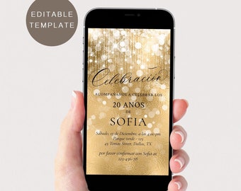 Invitación de cumpleaños en español, editable en dorado, descarga digital