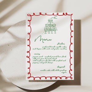 Carte de menu de Noël, modèle de carte de menu drôle, menu de dîner de Noël, menu de mariage de Noël, gribouillis, fantaisiste, toutes couleurs, modifiable