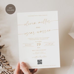 May include: A wedding invitation with a gold script font announcing the marriage of Olivia Miller and Oscar Warren. The wedding will take place on Saturday, October 19, 2023, at 4:00 pm at Best Restaurant in Los Angeles, California. A QR code is included for RSVP and additional details.