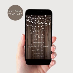 May include: A rustic save the date card with a woodgrain background and string lights. The text reads "Save the Date" for the wedding of Amelia & Edward on July 19, 2027 in Sacramento, CA.