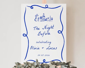 Rehearsal Dinner Sign Template, Whimsical Wedding Rehearsal, The Night Before Sign, Blue Welcome Sign, Hand drawn, Handwritten, Scribble