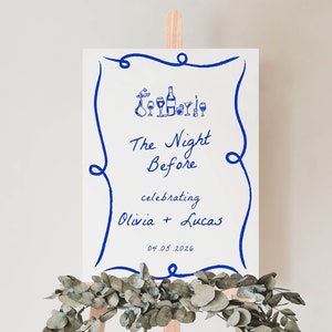 Rehearsal Dinner Sign Template, Whimsical Wedding Rehearsal, The Night Before Sign, Blue Welcome Sign, Hand drawn, Handwritten, Scribble