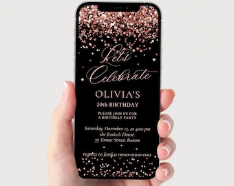 Black and Rose Gold Birthday Party Invitation, Editable All Text, Electronic Digital Invite