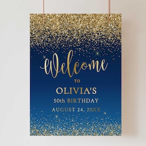 Customizable Birthday Party Decor - 50th Birthday Welcome Poster in Blue and Gold, Sparkling Birthday Party Decor, Elegant Birthday Sign