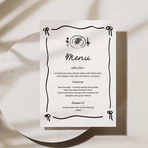 Menú divertido, plantilla de menú para cena, menú escrito a mano, boda divertida, menú dibujado a mano, menú divertido, garabato, plantilla editable