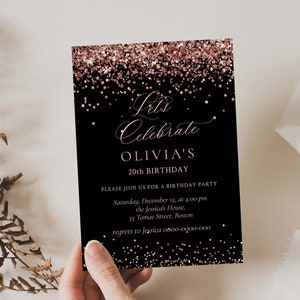 Let&#39;s Celebrate Birthday Invitation, Rose Gold Birthday Invitation, Printable Birthday Invitation, Birthday Invitation for Women and Girl