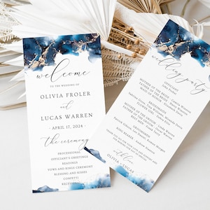 RHEA - Ceremony Program Navy Blue and Gold, Double-sided Wedding Program Template, Order of Service, Editable, Printable, Instant Download