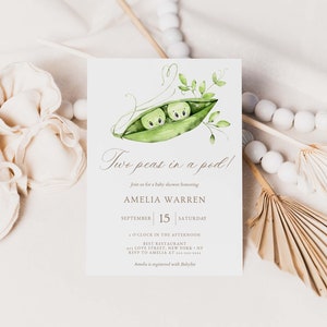 Uitnodiging babyshower tweeling, neutrale babyshower tweeling, twee erwten in een peul, babyshower zoete erwten, babyshower thema babyshower, bewerkbaar