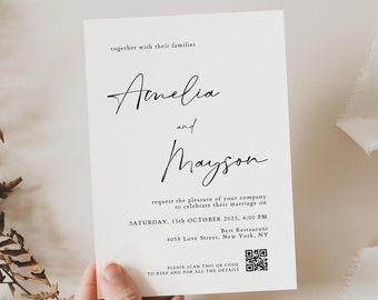 Modern Minimalist Wedding Invitation with QR Code, Editable Template, Digital Download