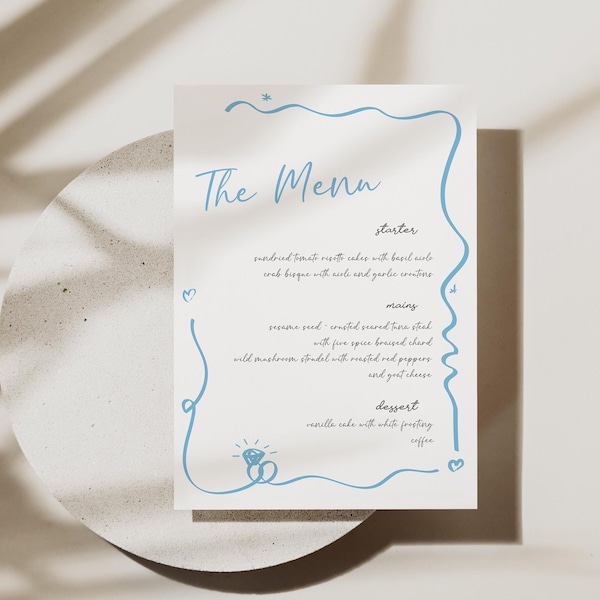 Wedding Menu Template, Hand Drawn, Rehearsal Dinner Menu, Blue Wave Menu, Scribble Wedding Menu, Whimsical Wedding Sign, Editable Text