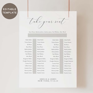 May include: A white wedding seating plan with the words "take your seat" in elegant script. Guest names are listed in columns. The text "EDITABLE TEMPLATE" is in the upper left corner. The names Amelia & James and the date are at the bottom.