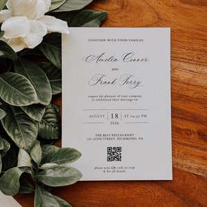 Código QR de invitación de boda, plantilla de invitación de boda minimalista, invitación de boda con código QR rsvp, invitación de boda con código de barras