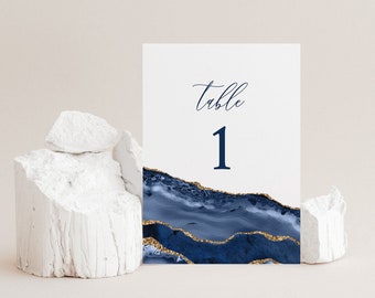 Wedding Table Number Template, Blue Wedding Table Number Template, Blue and Gold Table Number, Wedding Table Sign Navy Blue, Editable