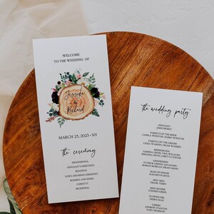 May include: Wedding ceremony program with a floral design featuring a woodgrain background. The program lists the officiant, parents of the bride and groom, bridesmaids, groomsmen, maid of honor, best men, ring bearer, flower girl, ushers, and attendant.
