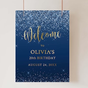 Blue and Gold Birthday Party Welcome Sign, Glitter Birthday Sign, Welcome Birthday Poster, Birthday Decoration, Editable Template